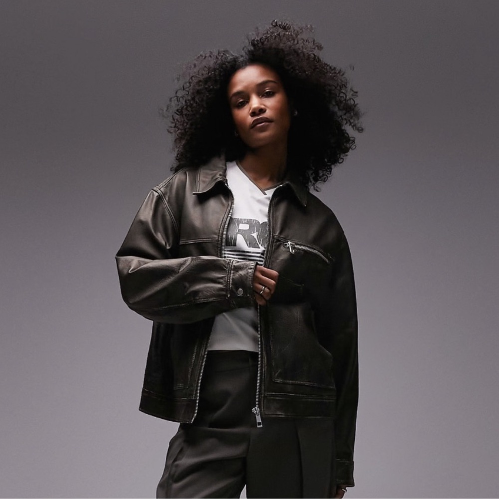 Topshop Faded Brown Geuine Leather Jacket
